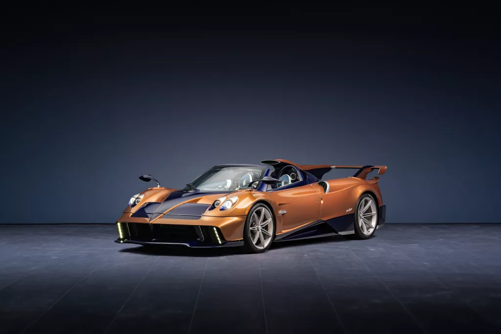Pagani Huayra 70 Derecho hypercar in Pearl Orange exposed carbon fiber