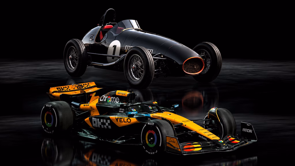 Comparison of a vintage classic Grand Prix race car and a modern McLaren Formula 1 car