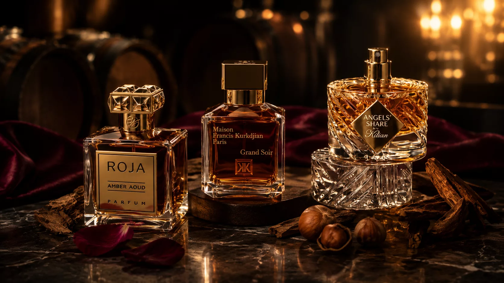 Luxury winter perfume bottles arranged with amber and gold tones