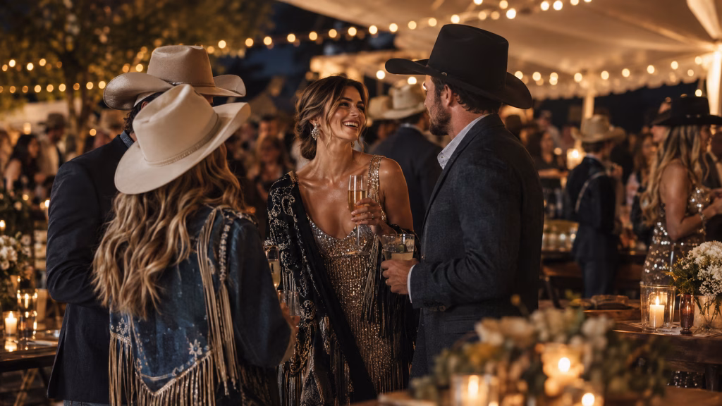 Guests in Western attire at the Cattle Baron's Ball at Southfork Ranch in Parker, Texas, near Dallas